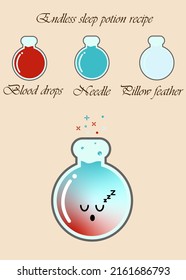 Endless sleep potion Witchcraft book page. Magic potion recipe