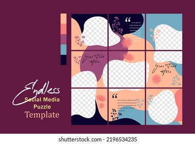 Endless Social Media Puzzle Template, 9 tiles Instagram and Facebook feed template with color Palate, Editable Vector. Endless square puzzle Layout for Promotion, Design backgrounds for social media