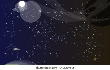 Endless space, cosmos flat vector illustration. Cosmic landscape, beautiful scenery with shiny stars and distant planets. Astronomy science, universe exploration, cosmology. Interstellar travel