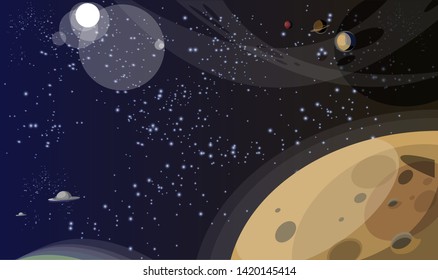 Endless space, cosmos flat vector illustration. Cosmic landscape, beautiful scenery with shiny stars and distant planets. Astronomy science, universe exploration, cosmology. Interstellar travel