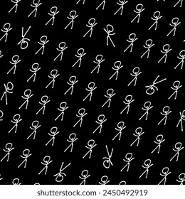 Endless stick man black and white illustration. White outlined stick men arranged in diagonal rows against black background vector seamless pattern. High contrast sharp monochrome surface art.