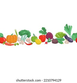 endless strip, fruits and vegetables ,Seamless pattern with hand drawn colorful vegetables. vector set. Vegetables flat icons set cucumber, carrot, onion, tomato