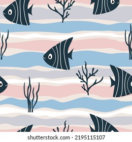 Endless striped background with silhouettes of fish and marine plants. Seamless Repeat Pattern. Marine vector pattern for banner, textile, packaging, paper, wallpaper.