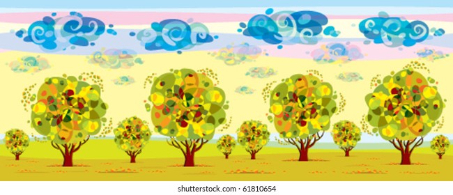 endless stylized autumn landscape with trees and clouds, leaves falling on wind, left to right seamless landscape