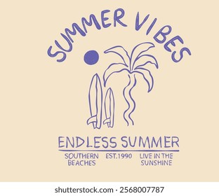 Endless summer. Abstract palm tree and surfboard  art . Summer good vibes vector graphic design for apparel, stickers, posters, background and others. Live in the sunshine.