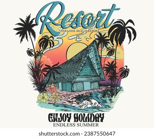Endless summer artwork. Miami, california, hawaii, aloha surf typography for t shirt. Summer vibes long beach hand draw. Beach paradise resort. Enjoy holiday at dream paradise resort t-shirt design.