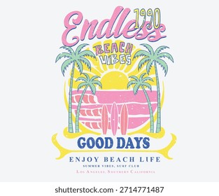 Endless summer artwork. Summer vibes artwork. Sun graphic artwork. Tropical abstract art design. Surfing club artwork. Summer good day. Enjoy beach life.