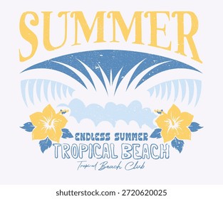 Ilustración de verano interminable. Obra de arte de vibraciones de verano. Obra de arte del club Sunshine Surf. Disfruta de la vida en la playa. Diseño de club de surf. Obra de arte de gran onda.