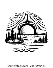 Endless summer beach vibes hand-drawn line art t shirt design