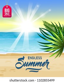 Endless summer, big sale poster design with sea, tropical beach, sunrise and palm leaves. Calligraphic text can be used for greetings, flyers, signs, banners.