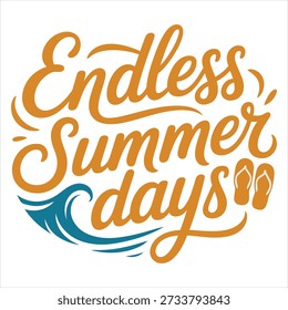 Dias de Verão sem Fim Tipografia Retrô com Wave e Flip Flops.