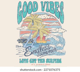 Endless summer. Summer good vibes graphic print design for t shirt print, poster, sticker, background and other uses. Water wave watercolor retro artwork.