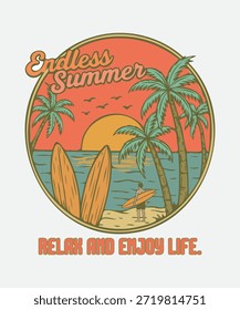 Un verano interminable. Diseño gráfico de la impresión de las buenas vibraciones del verano para la impresión de la camiseta, el cartel, la etiqueta engomada, el fondo y otros usos. Obra de arte retro de la acuarela de la onda del agua.