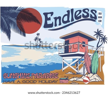 Endless summer graphic print design. Beach vibes with board print design. Hand sketch beach vector design.  Palm tree artwork.
