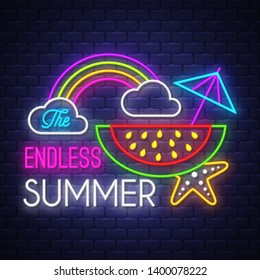 The endless summer. Summer holiday banner. Neon banner. Neon sign. Vector.