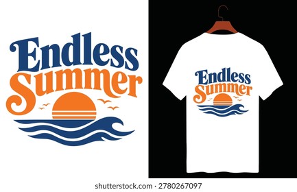Endless summer lettering design with sun and ocean waves graphic.