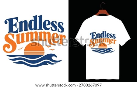 Endless summer lettering design with sun and ocean waves graphic.