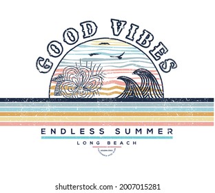 Endless summer ocean wave t shirt design. Tropical flower artwork for apparel.  Beach vibes striker graphic print .