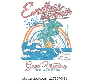 Endless summer. Palm tree island print design for t shirt print, poster, sticker, background and other uses. Beach vibes vintage print design.