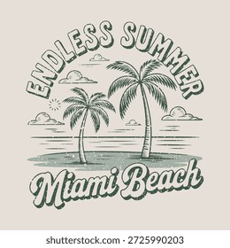 Endloser Sommer. Palmbaum Insel Print Design für T-Shirt Print, Poster, Aufkleber, Hintergrund und andere Verwendungen. Beach Vibes Vintage Print Design.
