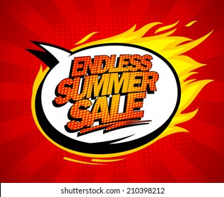 Endless summer sale vector pop-art design with fiery speech bubble.