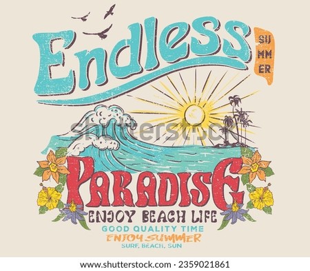 Endless summer sketch. Palm tree sketch. Tropical flower with beach design. Summer vibes graphic print design. Sunshine beach vector art. Paradise.