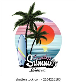 Surf de verano interminable en la playa de Santa Mónica, California, diseño de playa de verano retro para prendas de vestir y otros. Diseño de camisetas de la playa de santa monica en California. Obra de arte de Beach Vbes