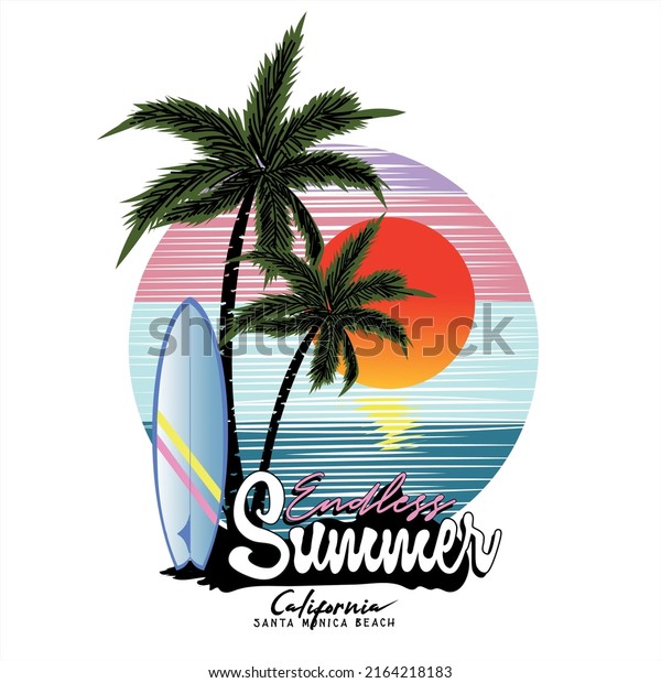 Endless Summer\
Surfing in Santa Monica beach, California, Retro summer beach\
design for apparel and others. California santa monica beach\
t-shirt design. Beach vibes\
artwork