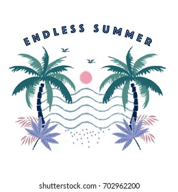 endless summer Vector illustration of a hand drawn palm trees on a paint background. Design element for t-shirt prints. Tropical nature element.