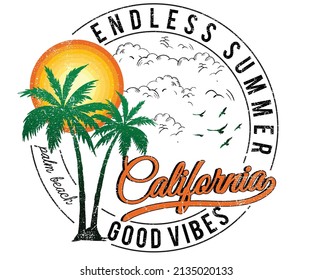 Endless summer vector t-shirt design. California beach with palm tree artwork design.	