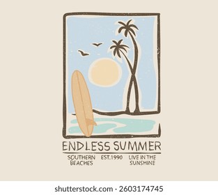 Endless summer. Summer vibes artwork. Sunshine paradise graphic print design. Surf club design. Beach modern abstract art. Ocean abstract wave.
