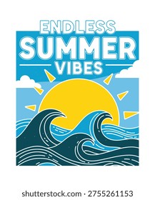 Endless Summer Vibes With Sun And Ocean Waves vector