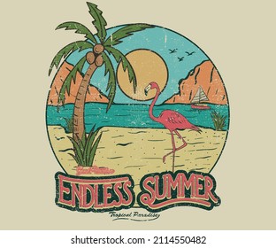 Endless summer vintage graphic print design for apparel and others. Flamingo with palm tree vector artwork design. 