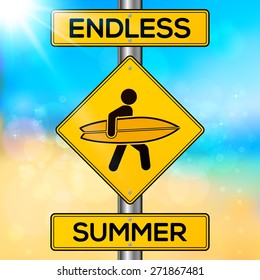 Endless summer yellow vector road sign on blurred beach background