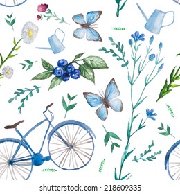 Endless summer.Watercolor seamless pattern with bycicle, herbs and flowers, butterfly, blueberry and garden watering can. Vector illustration.