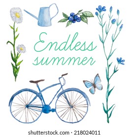 Endless summer.Watercolor set poster with bycicle, herbs and flowers, butterfly, blueberry and garden watering can.