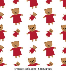 Endless texture with brown teddy bears and white background. Randomly placed soft toys for children wearing red dresses seamless pattern. Wrapping colourful paper for box and present decorating