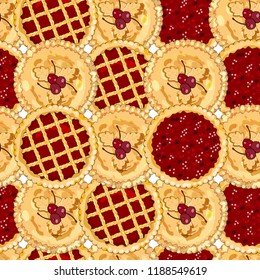 Endless texture with cherry pies. The theme of Pie Day and thanksgiving. For restaurant and cafe designs. Seamless vector pattern for festive design, fabrics, wallpapers, greeting cards, wrappings.