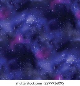 Endless Texture of Cosmic Universe with Cute Stars. Decorative Design for Prints, Fabrics, Wallpapers etc. Night Sky with Constellations, Nebulas etc. Seamless Pattern. Vector illustration