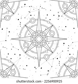 Endless Texture of Cosmic Universe with Mechanical Stars. Night Sky with Constellations, Nebulas, Comets, Stars, etc. Futuristic Seamless Pattern. Vector Contour Illustration. Coloring Book Page