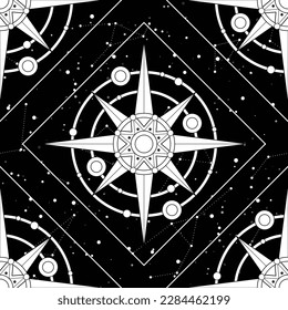 Textura interminable de Universo Cósmico con Estrellas Mecánicas. Cielo nocturno con constelaciones, nebulosas, cometas, estrellas, planetas, etc. Patrón sin foco sobre negro. Ilustración del contorno vectorial. Página Libro de Coloración
