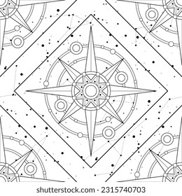 Textura interminable de Universo Cósmico con Estrellas Mecánicas. Cielo nocturno con constelaciones, nebulosas, cometas, estrellas, planetas. Futurista Patrón sin Marea. Ilustración del contorno vectorial. Libro de coloreado P