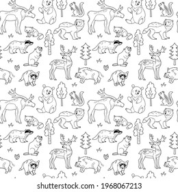 Endless texture with cute funny animals living in forest. Seamless pattern for kid design and coloring book.