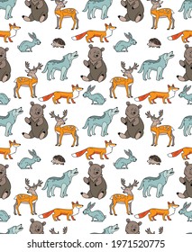 Endless texture with cute funny animals living in forest. Seamless pattern with wolf, fox and bear for kid design