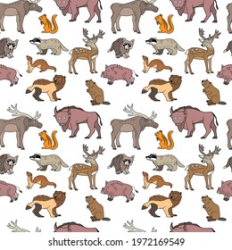 Endless texture with cute funny animals living in north forest. Seamless pattern with deer, squirrel and otter for kid design