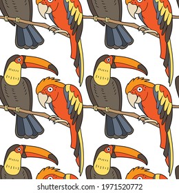 Textura interminable con lindos pájaros graciosos viviendo en trópicos. Patrón sin problemas con loros para el diseño de niños