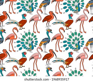 Textura interminable con lindas aves trópicas graciosas que viven en África. Patrón sin inconvenientes para el diseño de niños.