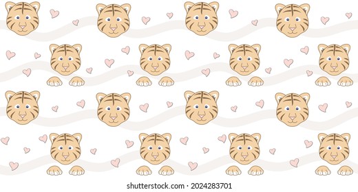 Endless texture with cute tiger cub face, paws and small hearts on a white background with waves. Vector seamless pattern for kids wallpaper, cover, wrapping paper, packaging, wrapper, surface texture
