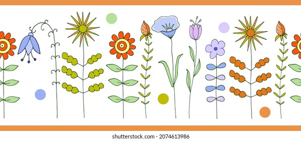 Endless texture with decorative flowers. Handmade vector illustration for your design. 