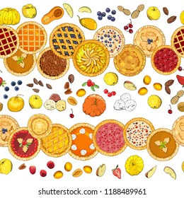 Endless texture with differen pies. The theme of Pie Day and thanksgiving. For restaurant, cafe designs. Seamless vector pattern for your festive design, fabrics, wallpapers, greeting cards, wrappings